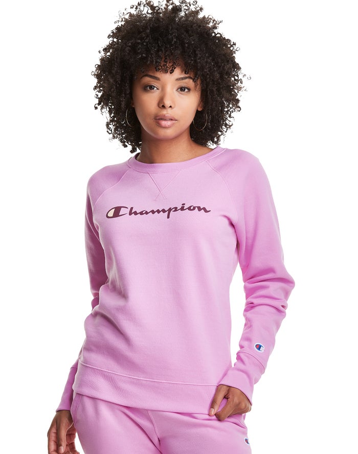 Champion Womens Sweatshirt NZ - Powerblend Fleece Classic Crew Script Logo Pink ( 7631-RHAVP )